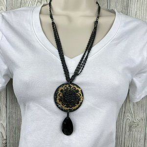 Chicos Necklace Matte Flat Black Gold Tone Faceted Teardrop Dangle Boho Deco